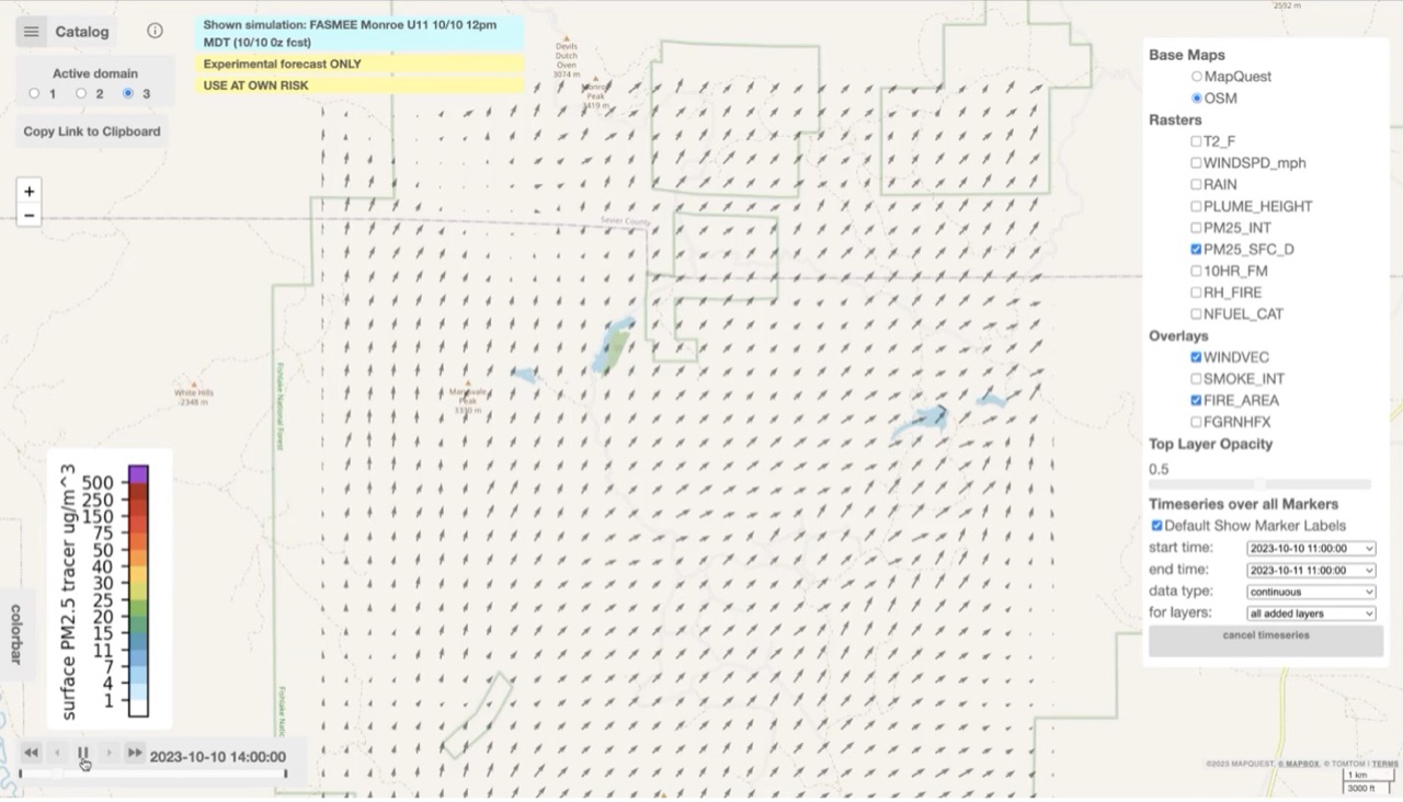 NASA wildfire digital twin fire simulation and smoke forecasting interface
