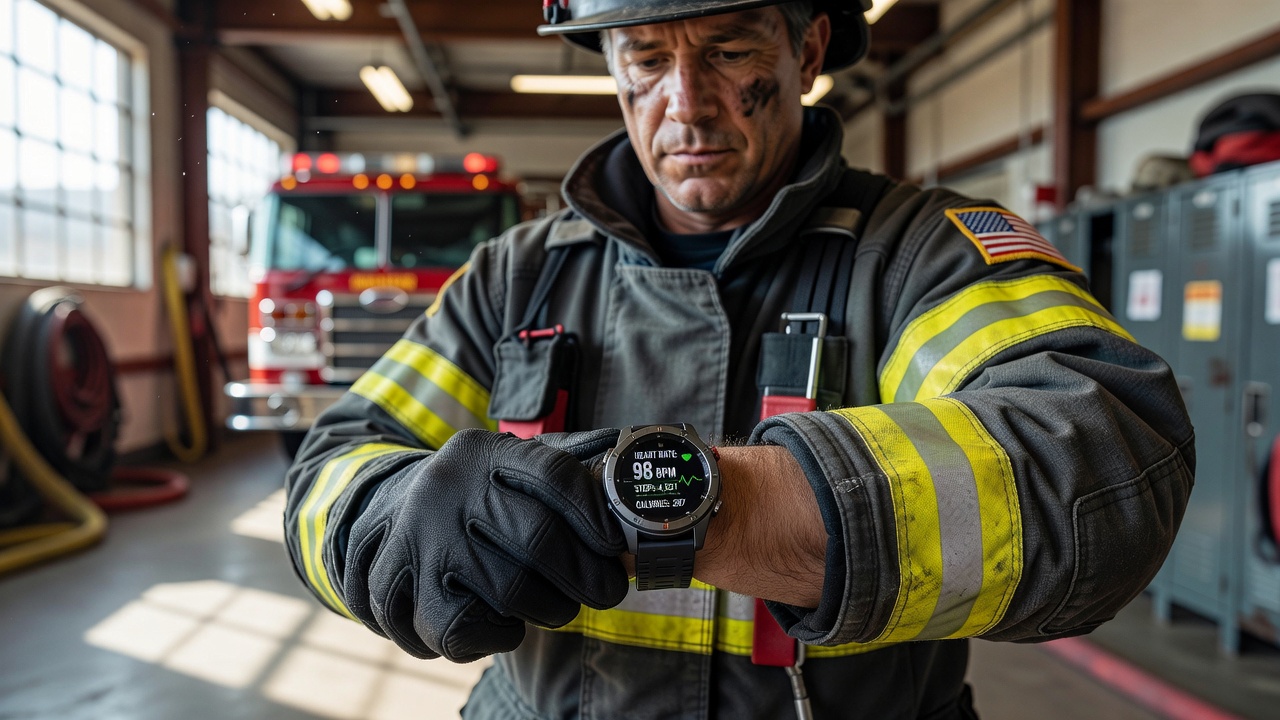 Firefighter checking smartwatch biometric data