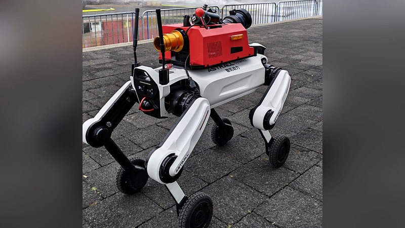 Astrall Dynamics Hypertron-T01 quadruped firefighting robot with red water cannon at INTERSCHUTZ 2026