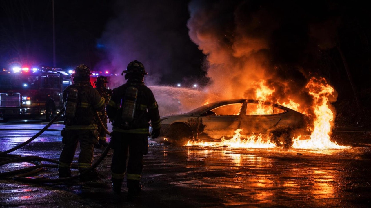 American firefighters battling a lithium-ion battery fire engulfing an electric vehicle at night