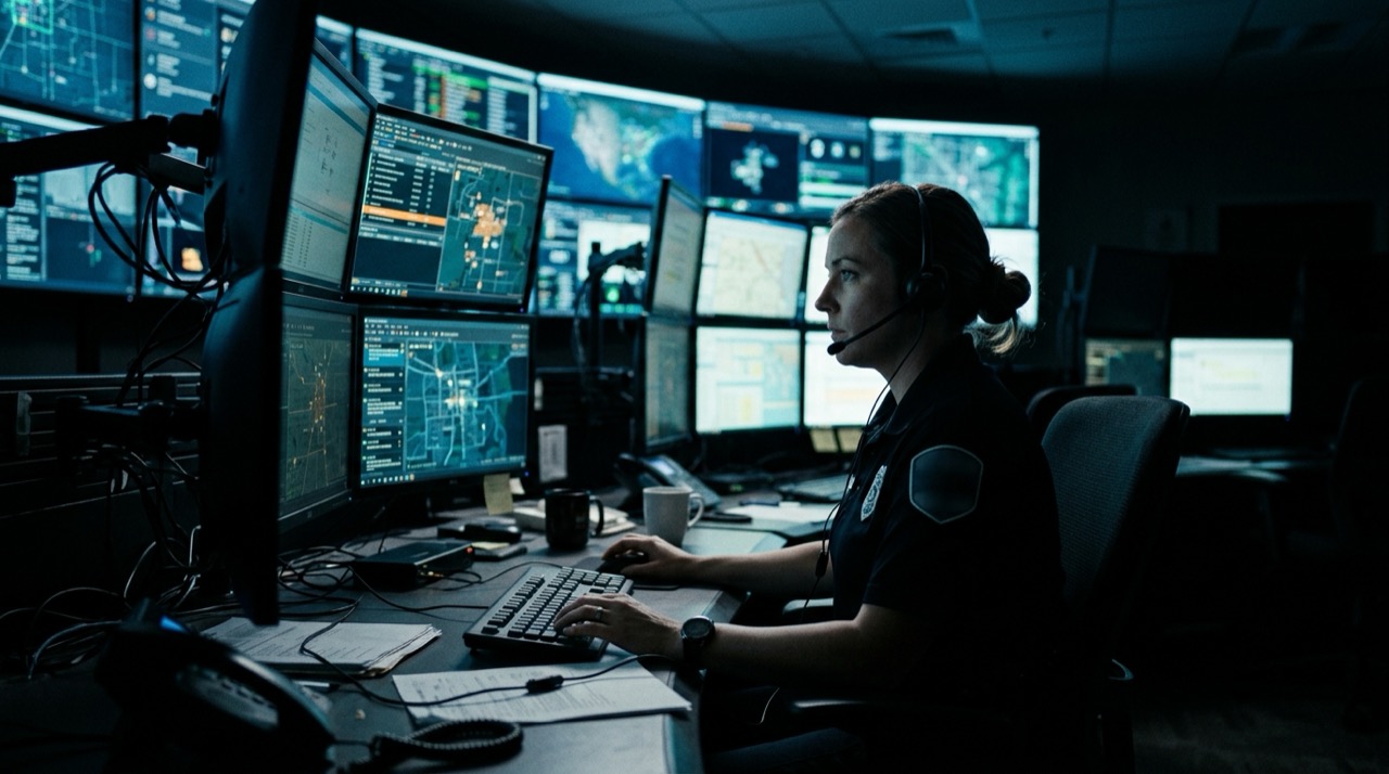Dispatcher at a wall of glowing monitors in a dim 911 dispatch center