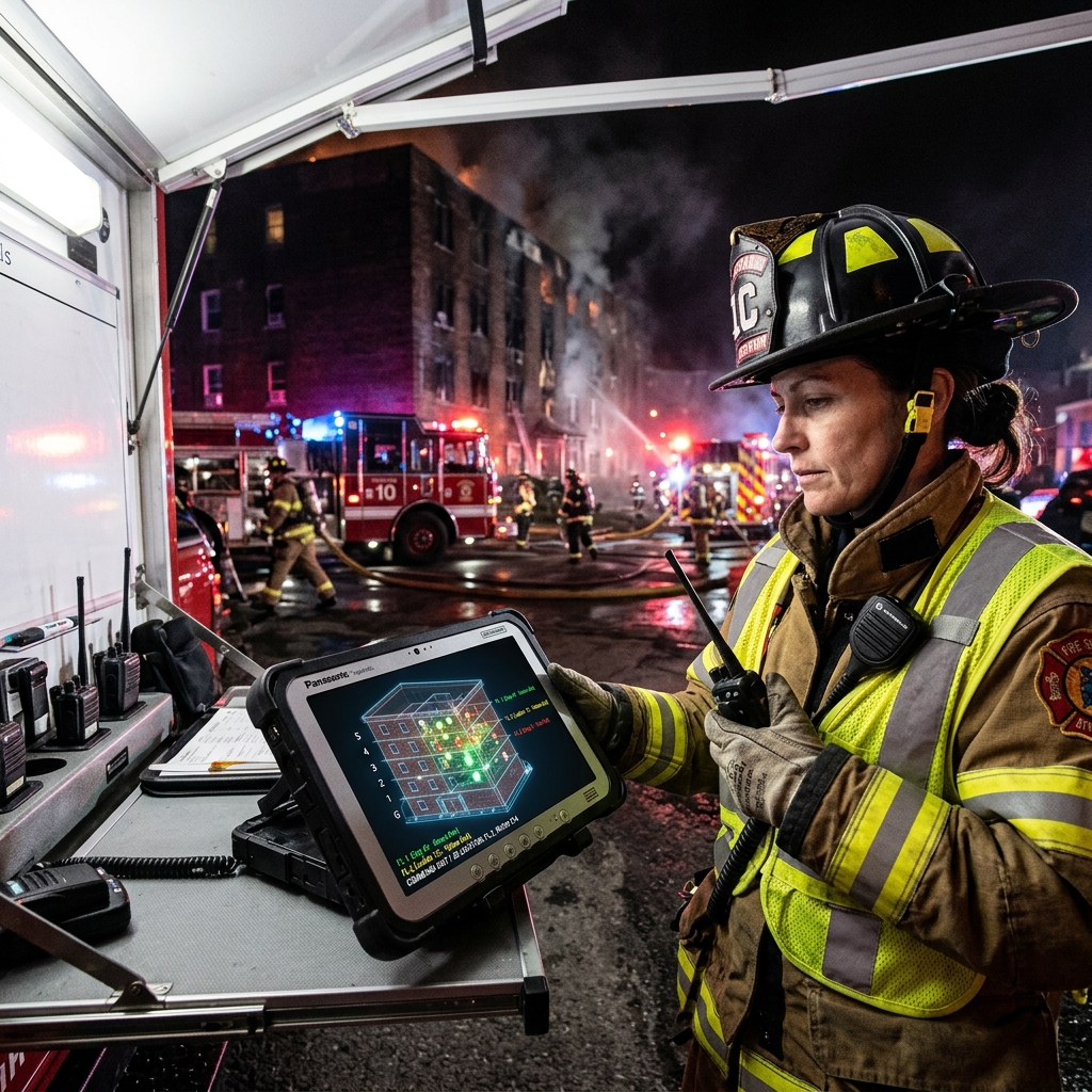 Firefighter at a nighttime fireground command post holding a handheld radio with a location beacon device on the harness