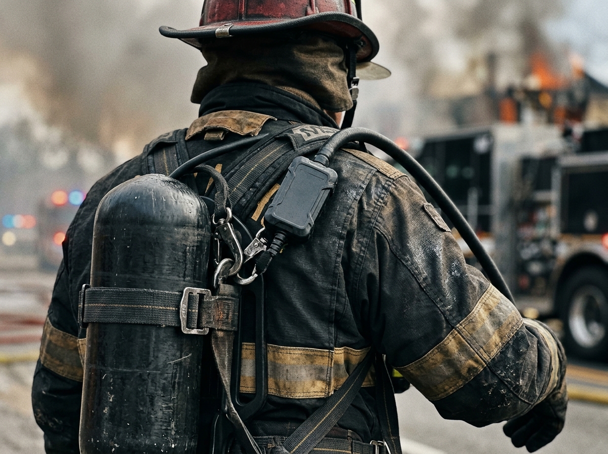 Close-up rear view of a firefighter's SCBA air cylinder harness with a telemetry module attached at a structure fire scene