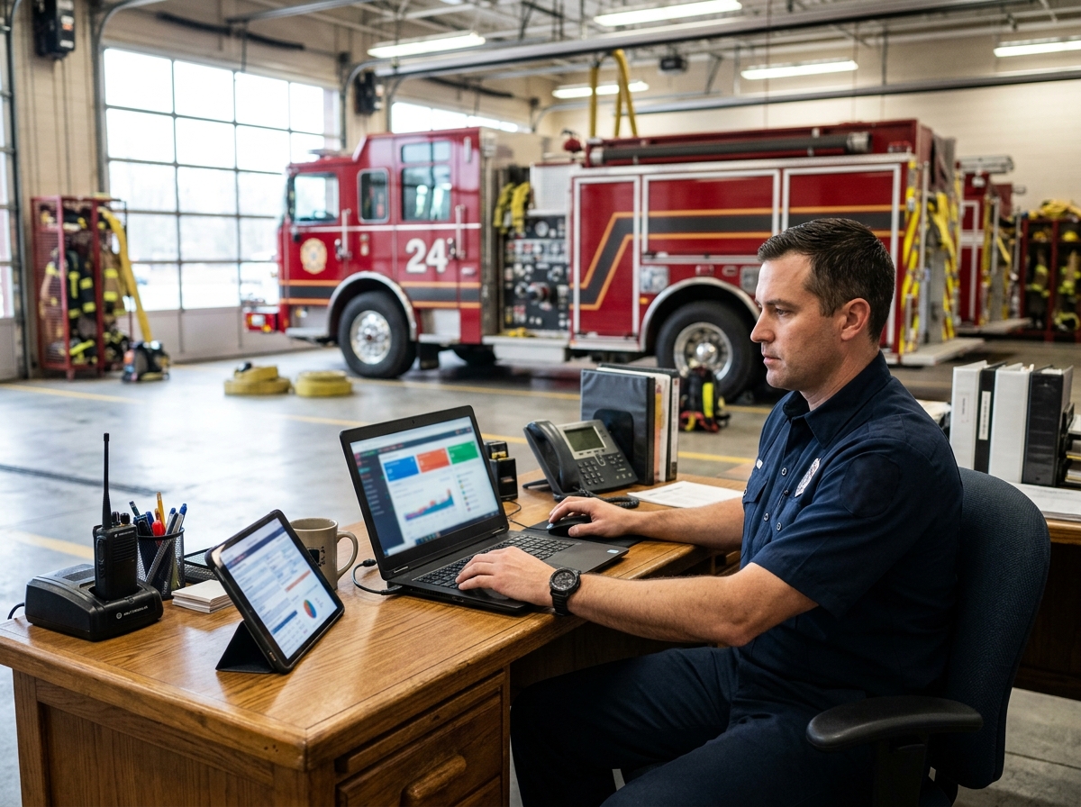 Firefighter working at a fire station desk on a laptop and tablet displaying incident data dashboards, apparatus bay visible in background