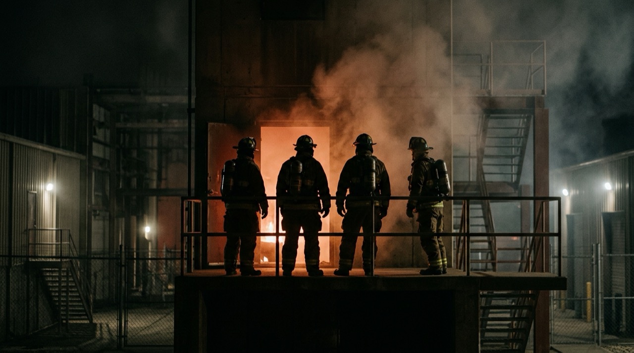 Firefighters in turnout gear during a training evolution, representing the coming OSHA Emergency Response standard