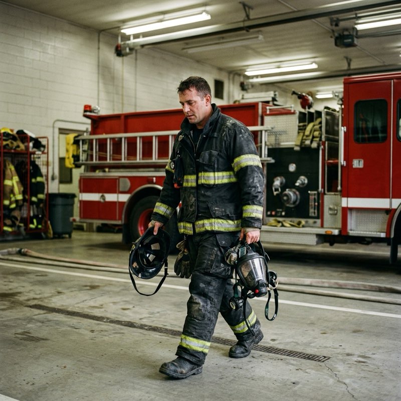 American firefighter in black turnout gear carrying helmet and SCBA facepiece through a fire station apparatus bay after returning from a call