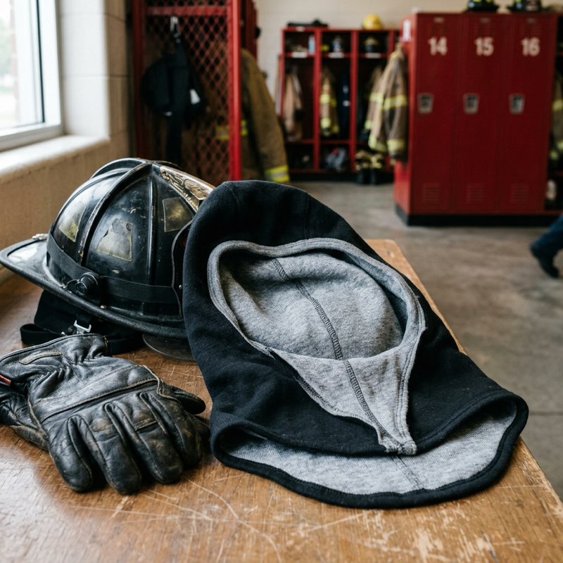Black firefighter protective hood with gray interior lining laid on a bench next to a helmet and gloves in a fire station locker room