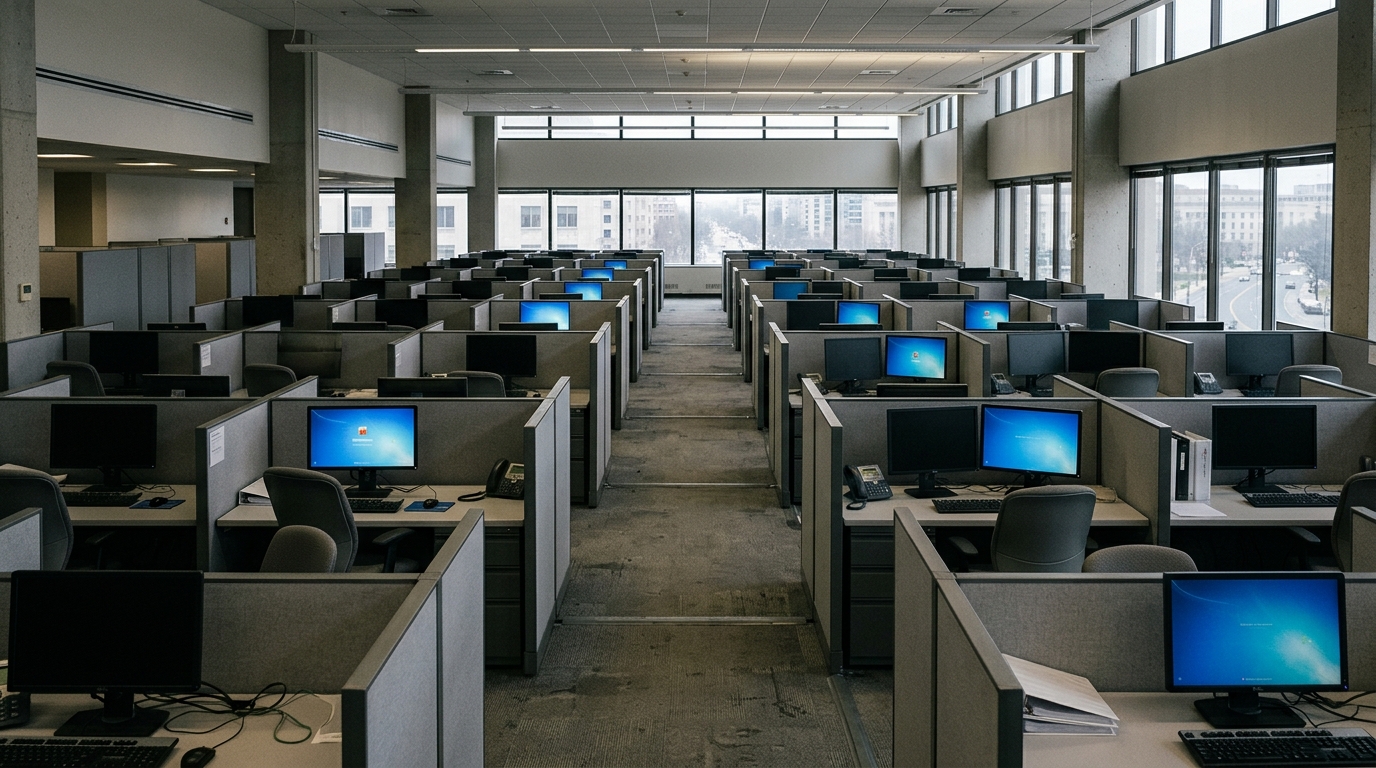 Empty government office cubicles with unattended desks, symbolizing workforce staffing gaps