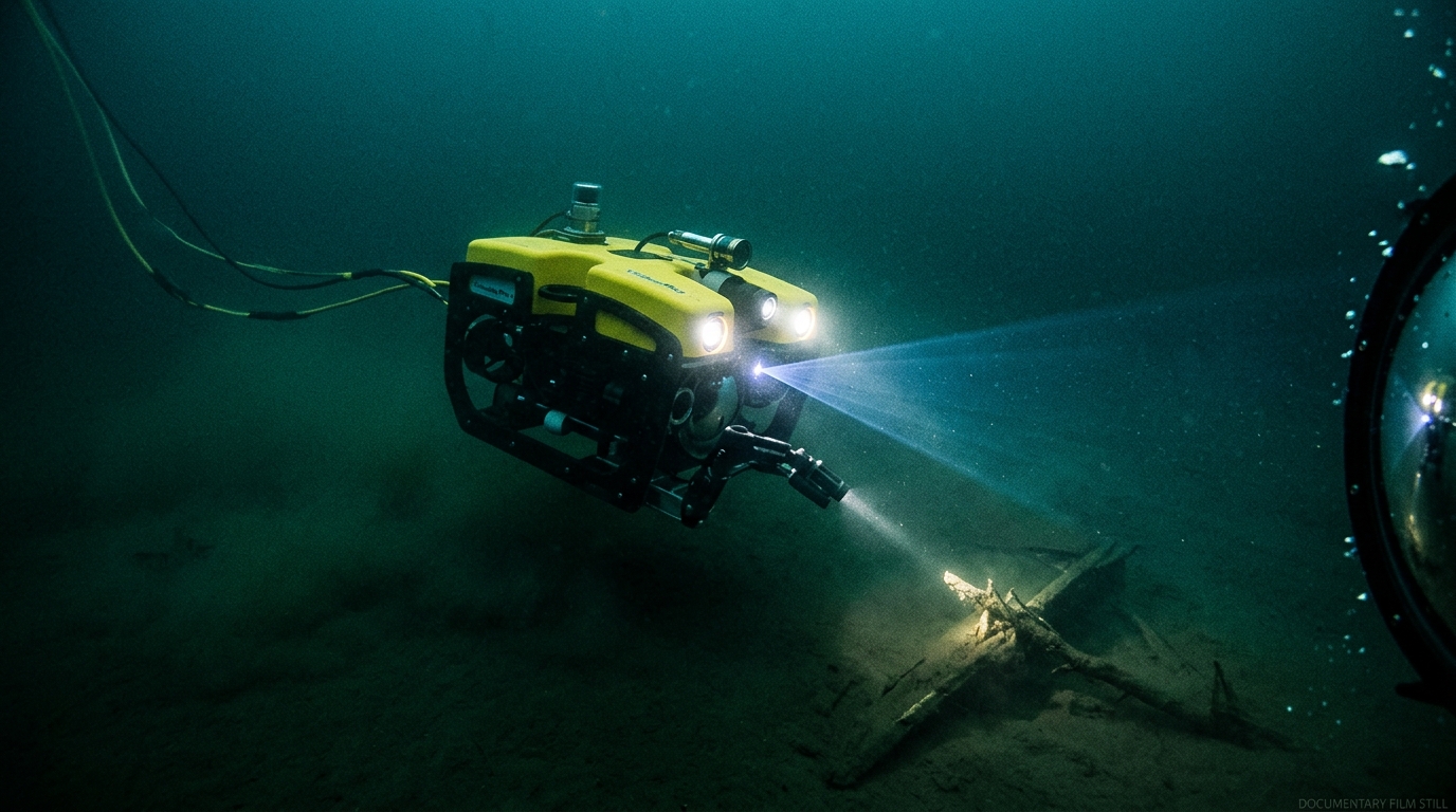 Underwater remotely operated vehicle with LED spotlights exploring murky water during search operation