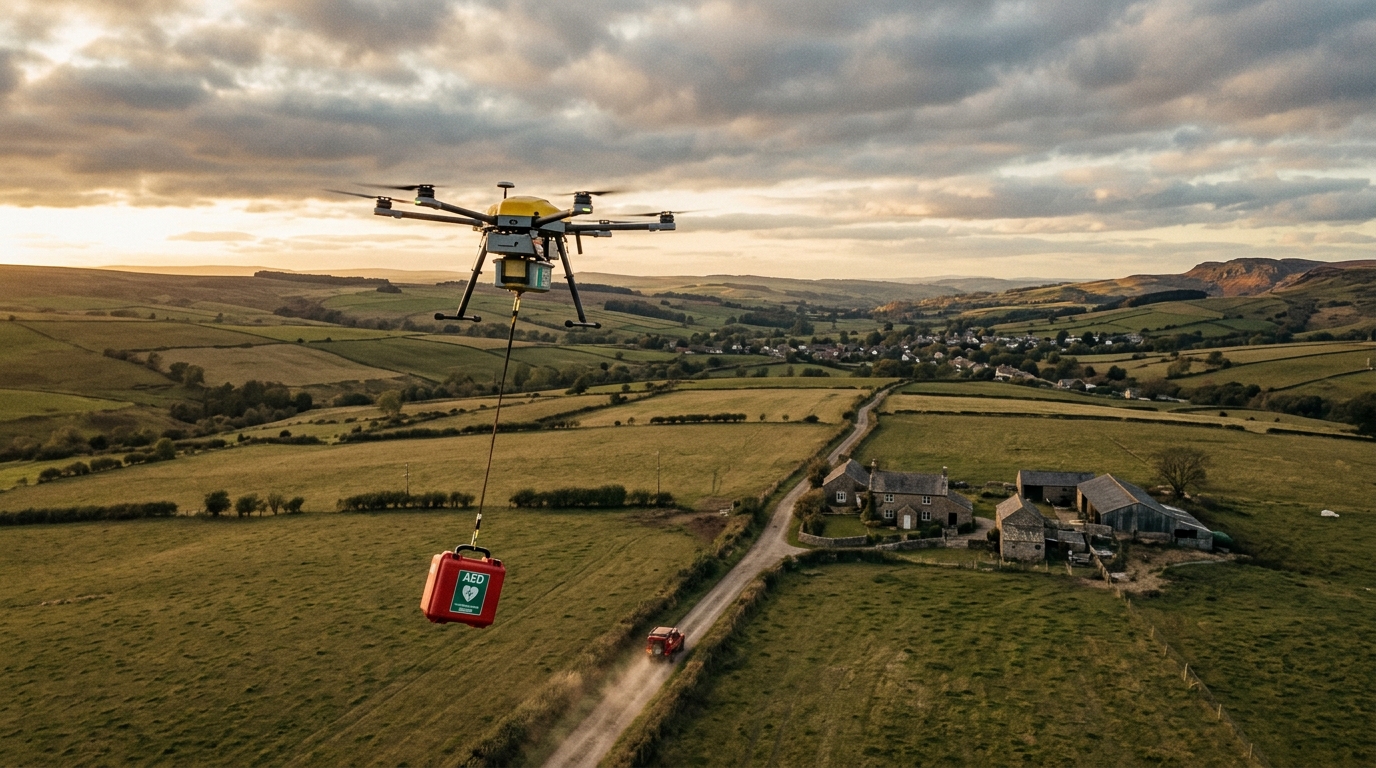Emergency drone carrying AED defibrillator flying over rural landscape
