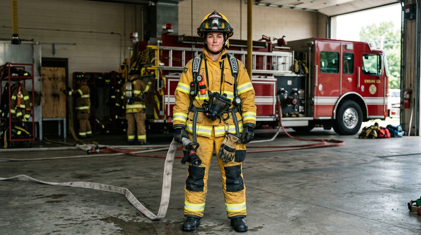 Two firefighters in full protective gear standing by a fire truck inside station