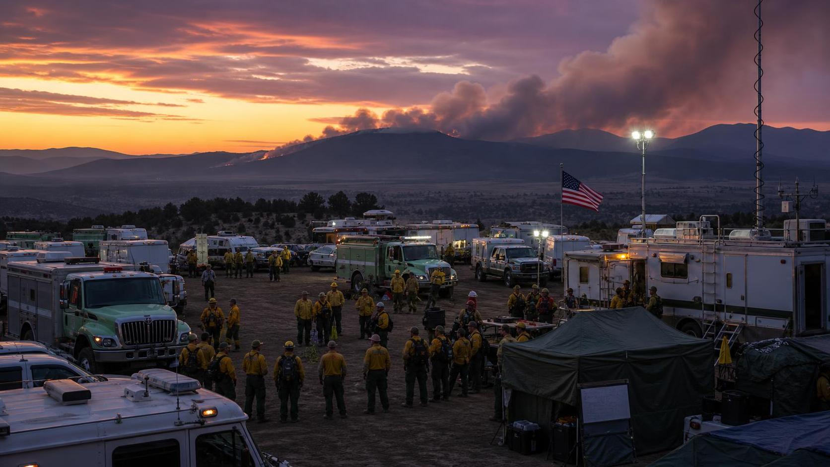 Wildland firefighters and federal agency vehicles staged at a fire camp command post