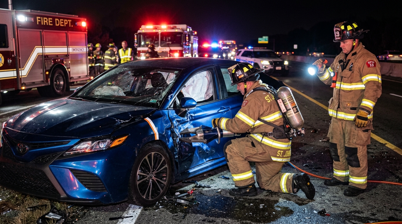 Firefighter examining the door panel of an electric vehicle at a nighttime crash scene with emergency lights