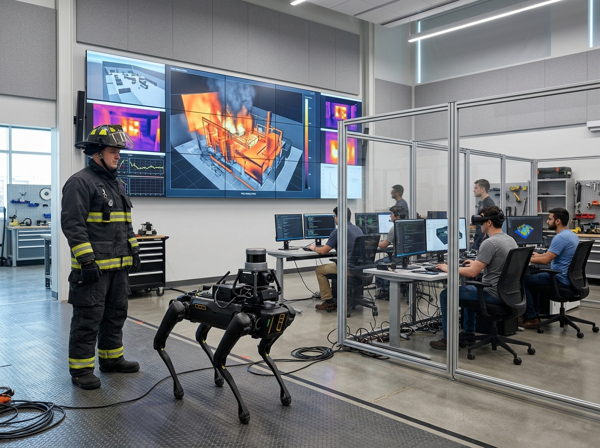 Firefighter working alongside a quadruped robot in a research lab with simulation screens showing fire and thermal data