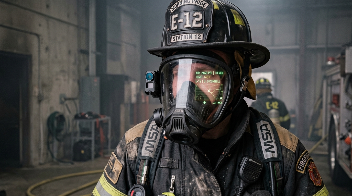 Firefighter helmet with glowing digital HUD visor displaying LiDAR point cloud data in a smoky environment