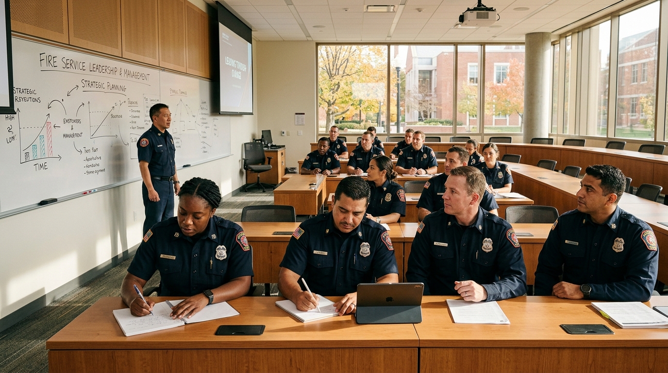 Firefighters in dress uniforms attending a professional development class at a university
