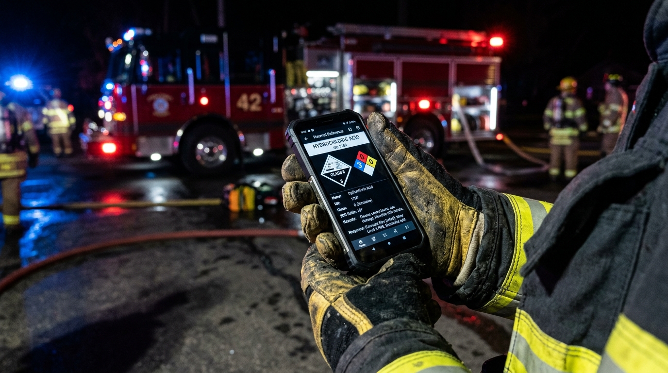 A firefighter in turnout gear holding a smartphone displaying a hazmat chemical reference app at a nighttime scene