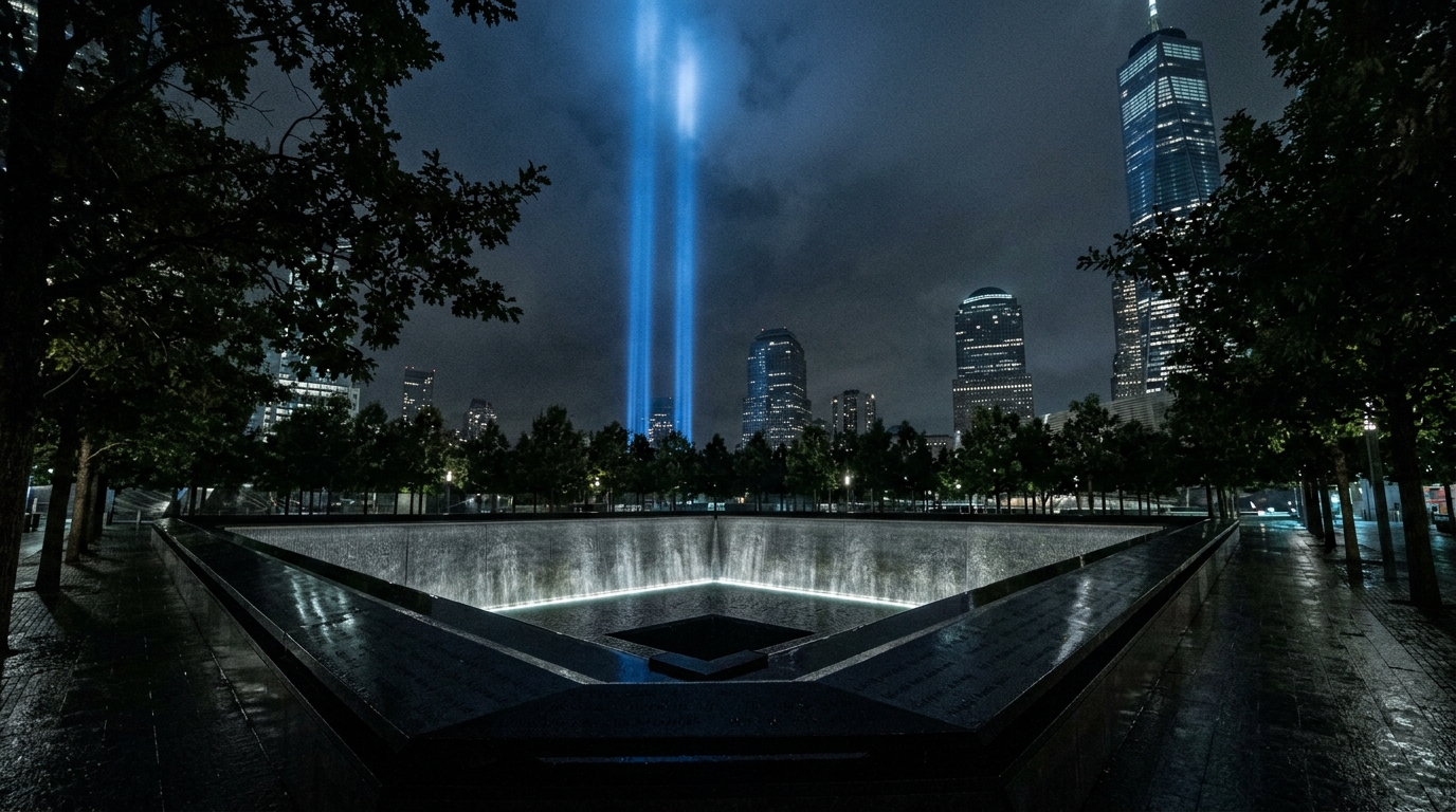 The 9/11 Memorial reflecting pools at night with the Tribute in Light beams