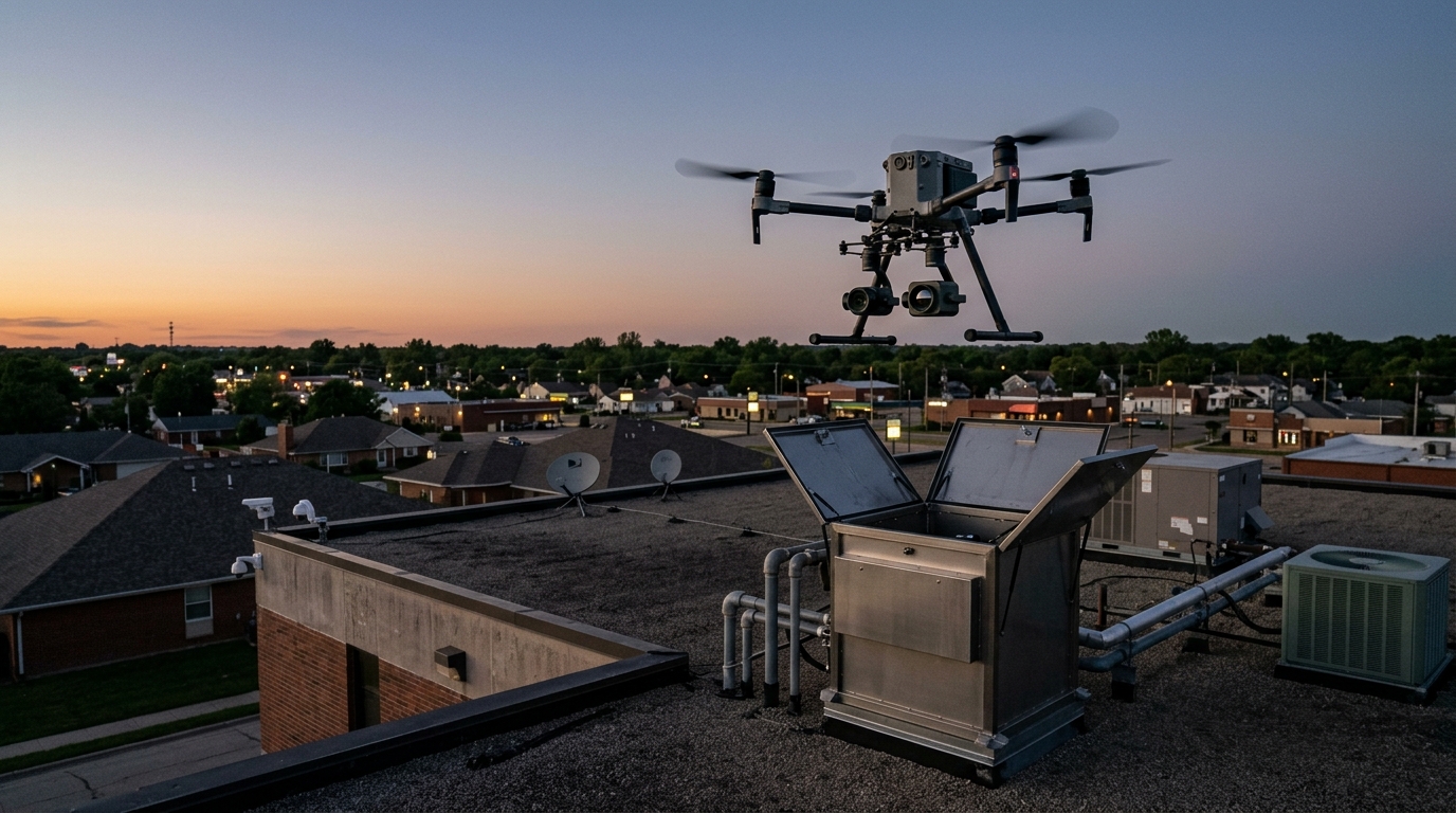 A public safety drone launching from a rooftop dock above a town at dusk