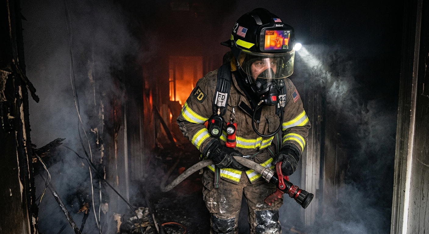 Firefighter in full gear with helmet-mounted thermal imaging device operating inside smoke-filled structure