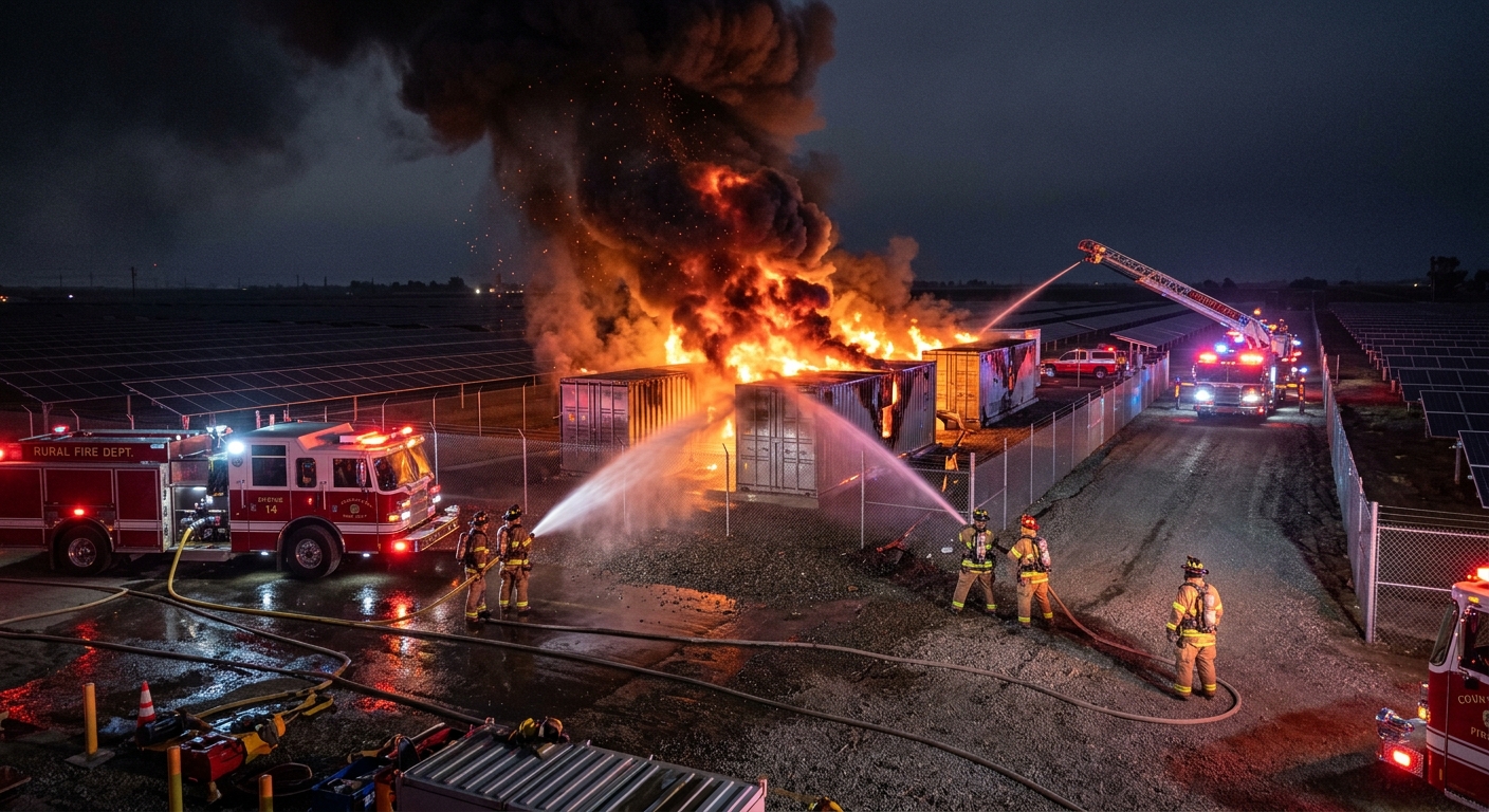 Firefighters applying water to burning battery storage containers at a utility-scale solar facility at night