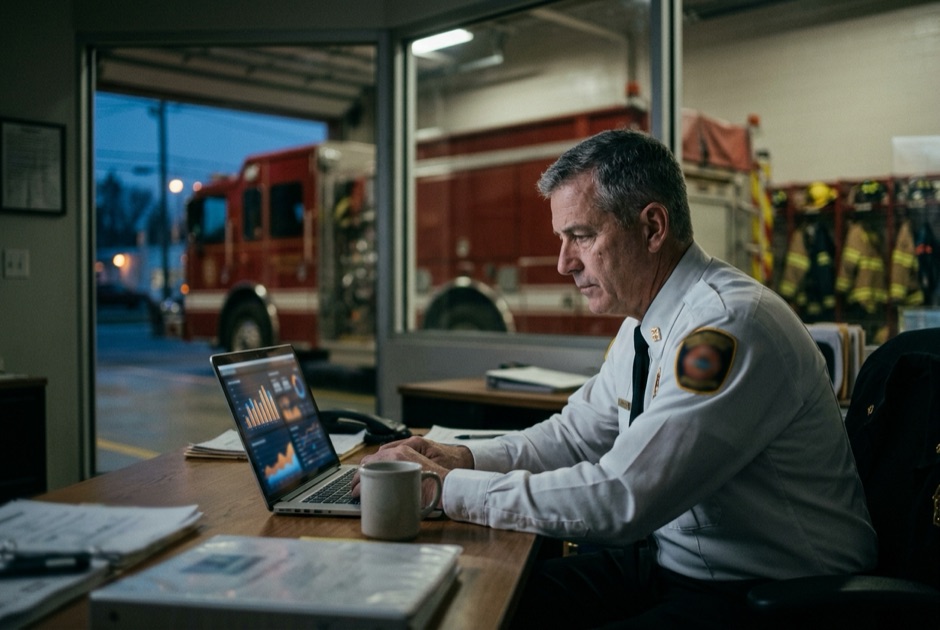 Fire chief reviewing data dashboards on a laptop in a station office