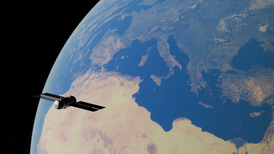A satellite orbiting Earth, showcasing the Mediterranean Sea and surrounding continents