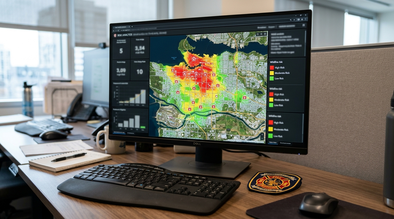 Fire department risk analysis dashboard on a computer monitor showing a color-coded regional risk map