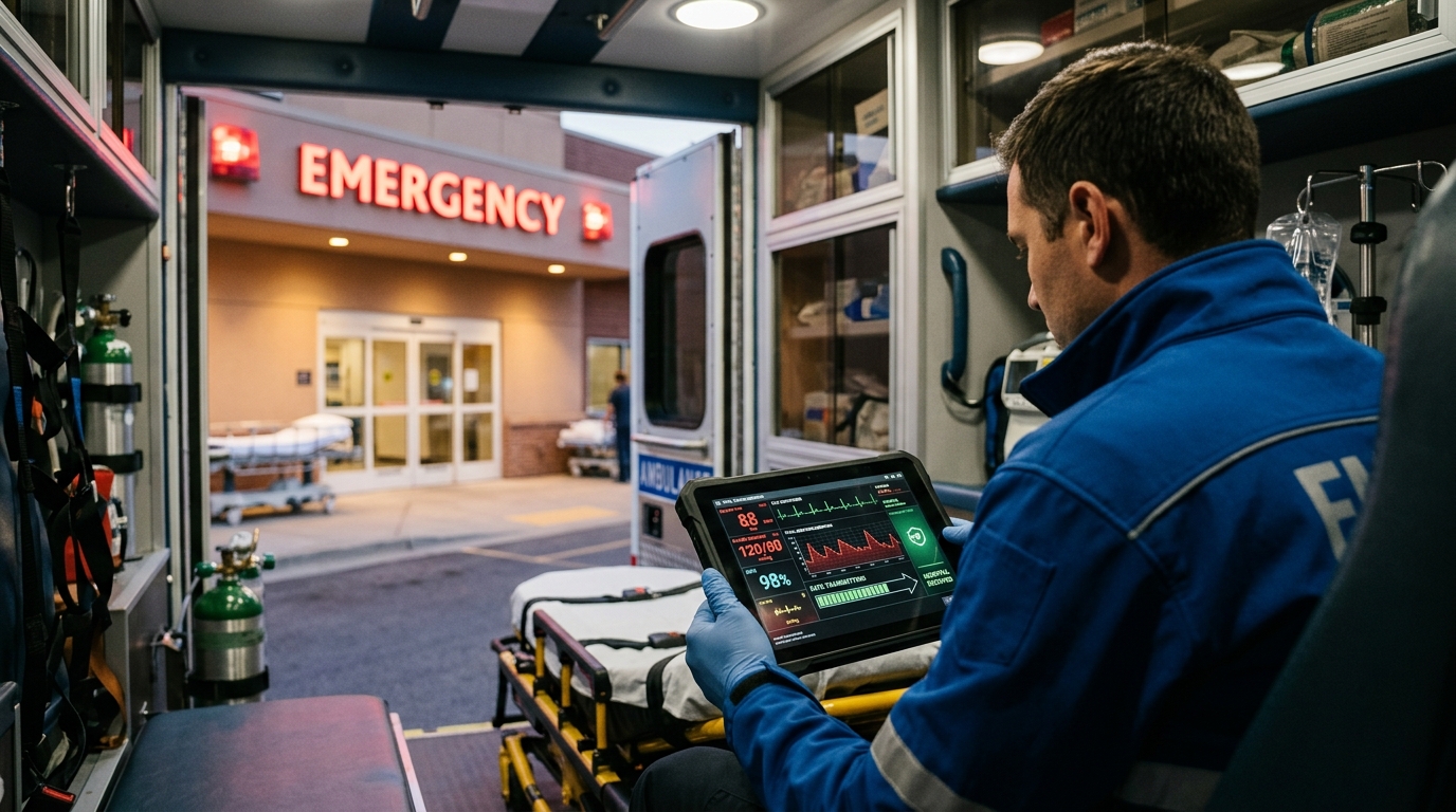 Paramedic with a tablet device near an ambulance outside a hospital emergency entrance