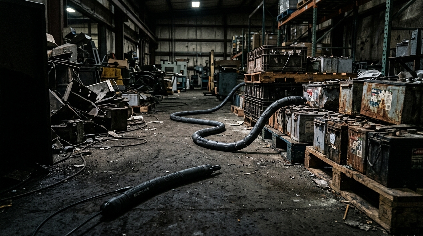 Conceptual illustration of a growing robot in a battery warehouse; not a photograph of the Korean deployment