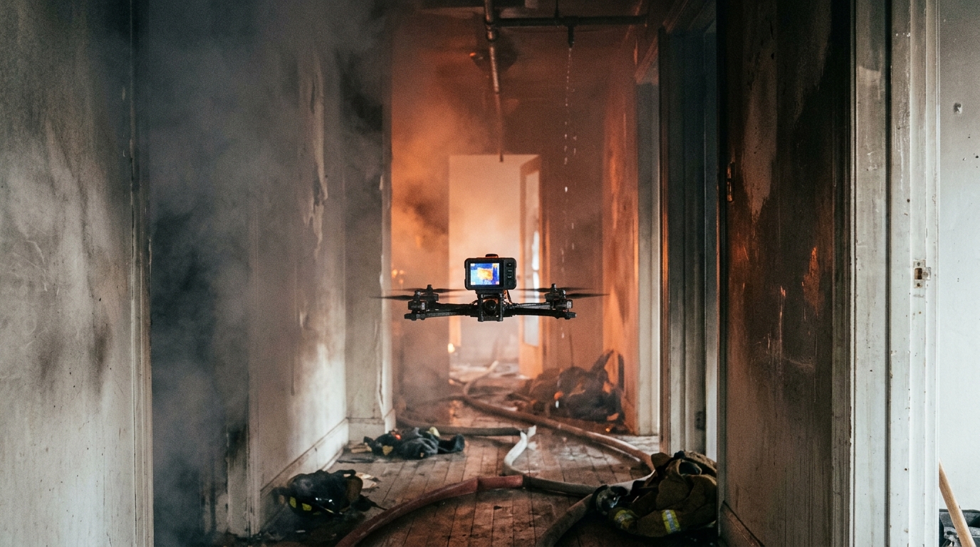 Conceptual illustration of a thermal-camera drone in a smoky interior; not the GUIDE2FR prototype