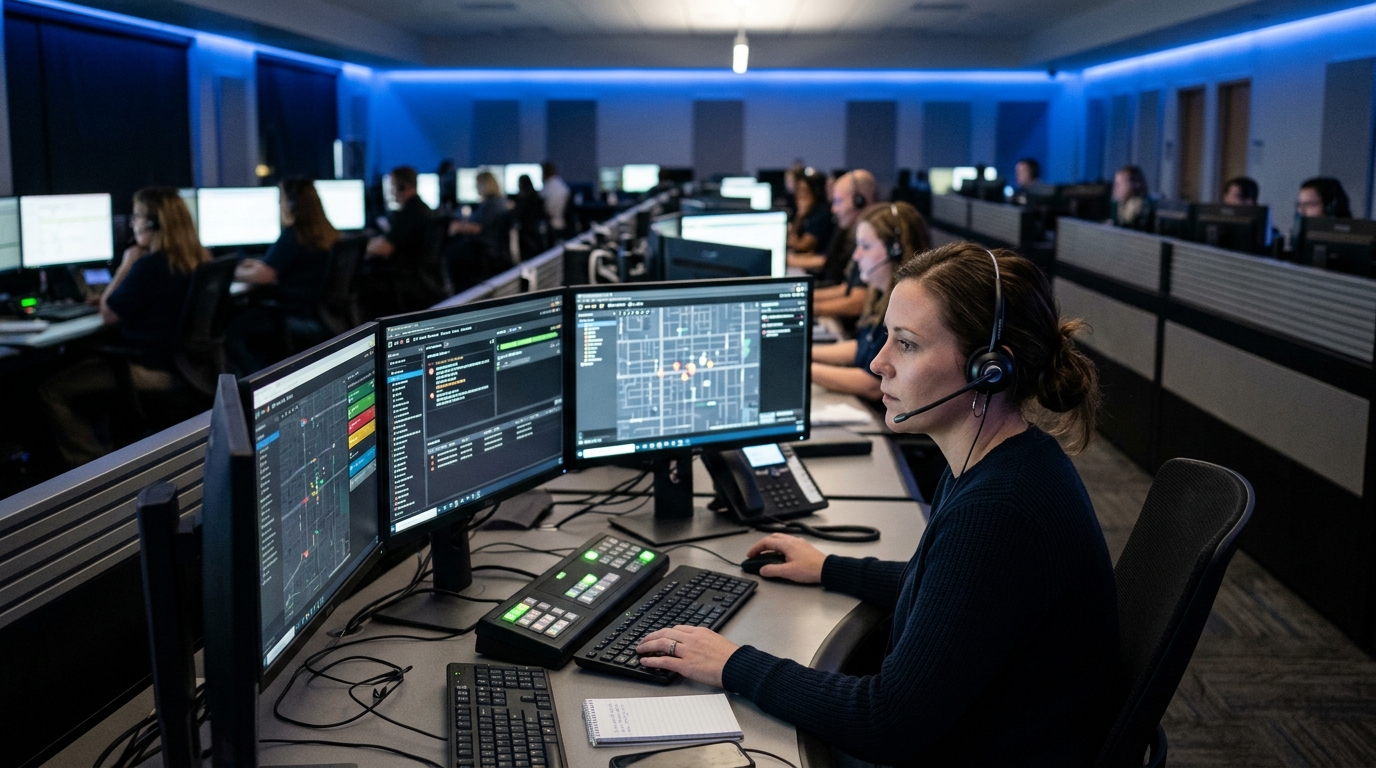 Conceptual illustration of a dispatch center; not a photograph of Boulder or its ANET interface